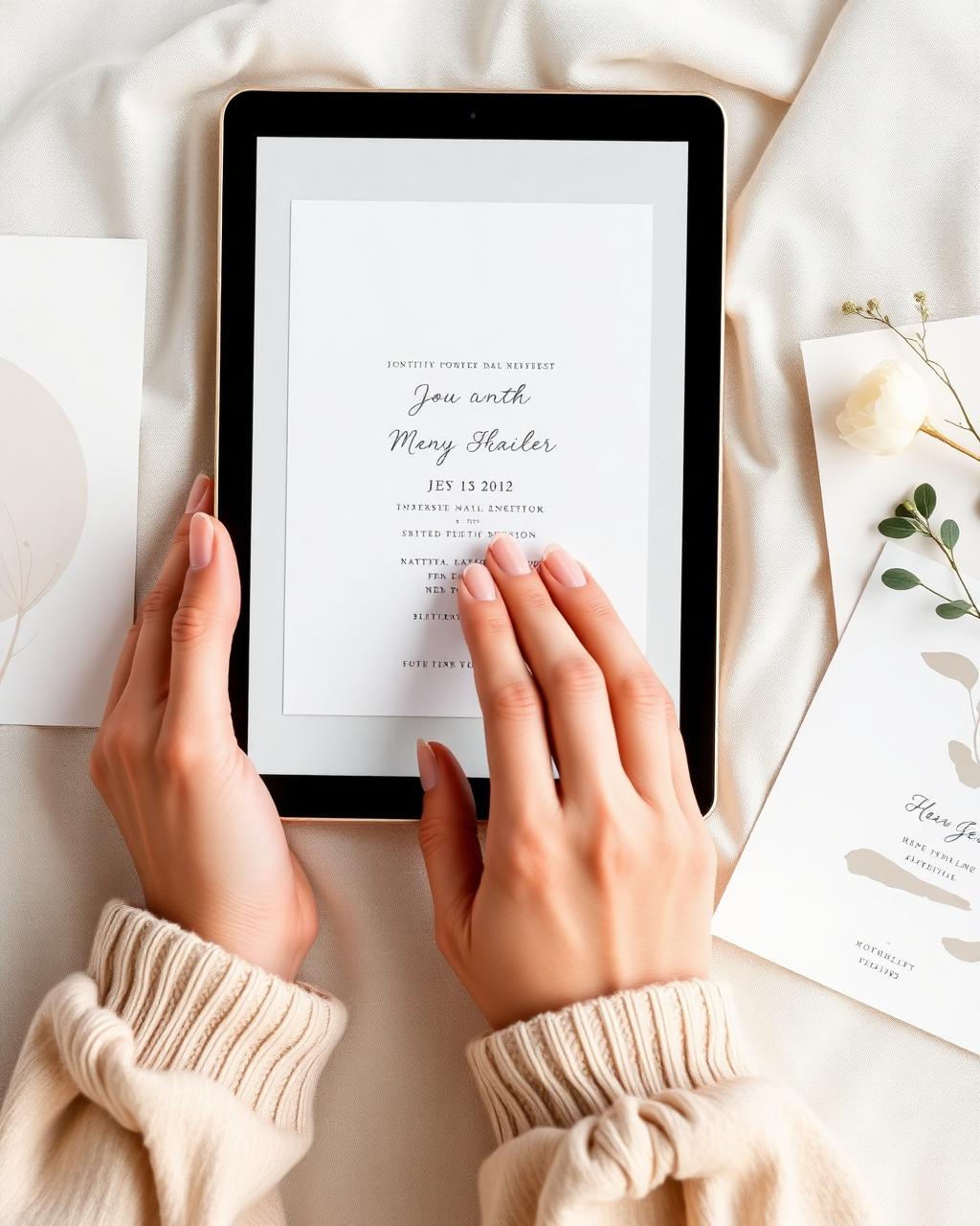 An invitation being customised on a tablet next to stationery samples.